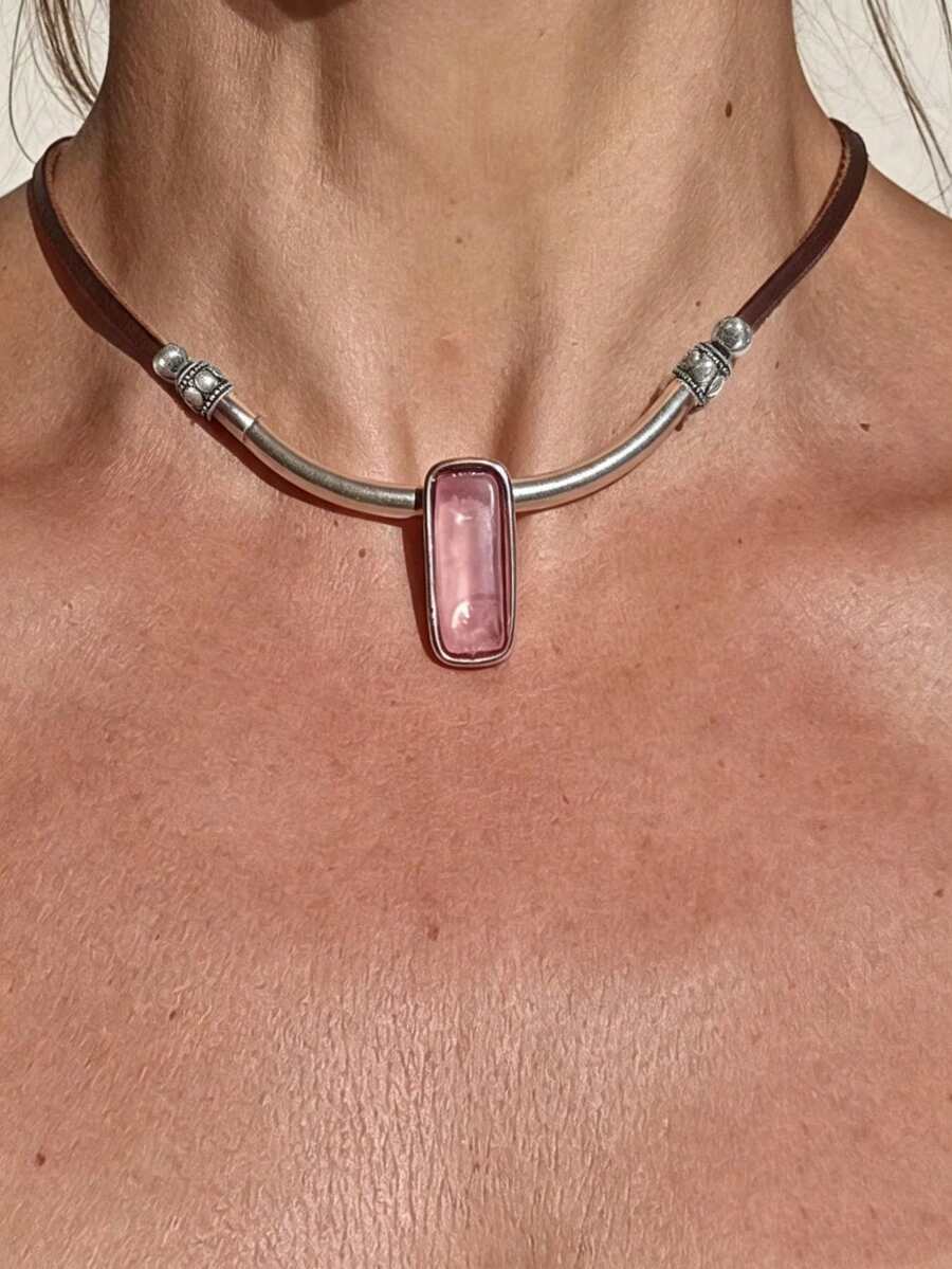 1pc Women's Necklace, Silver Resin Material, Rectangular Pink Stone Patchwork Design, Simple Versatile Necklace, Daily Commute - Multicolor - View 1