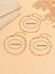 3pcs/Set Luxury Elegant Daisy Faux Pearl With Water Drop Tassel And Colorful Rhinestone Decor Multi-Layer Stackable Anklet Fashionable Women's Foot Accessory Suitable For Daily Wear, Date, Vacation And Party, Handmade Chain Cut By Length, Random Quantity And Color Arrangement Of Colorful Rhinestones - Multicolor - View 4