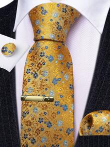 Floral Yellow Necktie Pocket Square Cufflinks Tie Clip 4pcs Kit For Summer Carnival & Outdoor Spring Festival Activities - Yellow - View 1