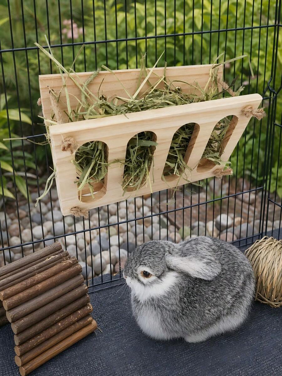1pc Rabbit Feed Rack Solid Wood Folding Hay Rack, Can Be Hung In A Cage, Equipped With Sturdy And Durable Natural Wood And Hemp Rope Hooks For Easy Installation, Suitable For Pet Grass Box Feeding Products For Rabbits And Guinea Pigs. - D - View 1