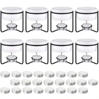 Free Shipping Treela 40 Pieces Ceramic Butter Warmers Set Included Butter Warmers Melter 32 Tealight Candles For Chocolate Cheese Fondue Crab Lobster Microwave Oven(White And Black)