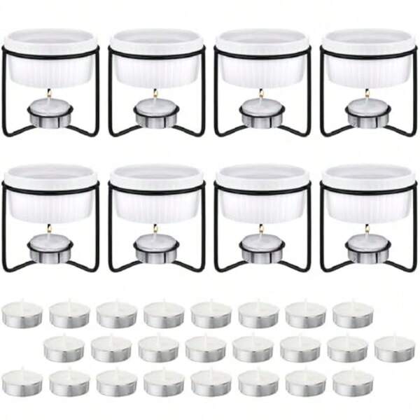 Free Shipping Treela 40 Pieces Ceramic Butter Warmers Set Included Butter Warmers Melter 32 Tealight Candles For Chocolate Cheese Fondue Crab Lobster Microwave Oven(White And Black)