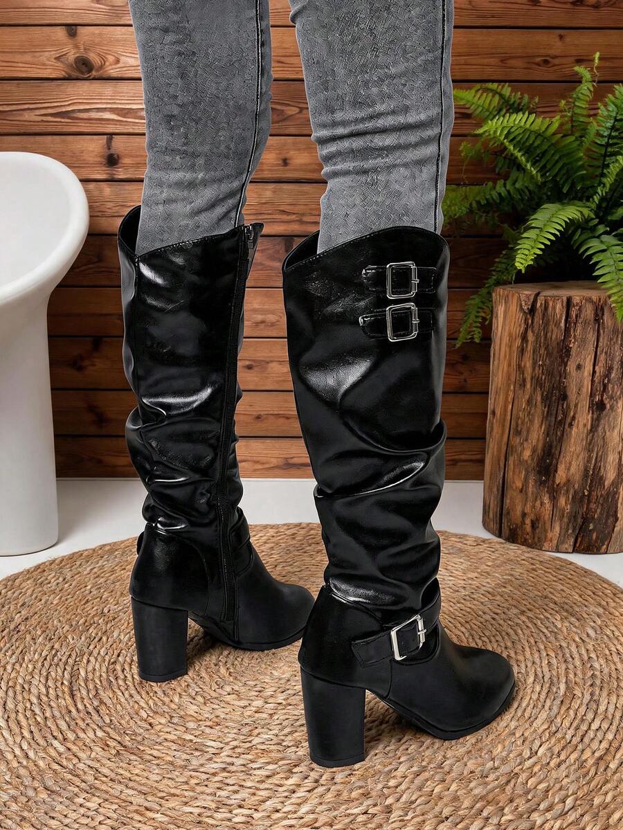 Black Ruched Slouch Knee High Boots, Double Buckle Block Heel Riding Boots, Punk Style Side Zipper Over-The-Calf Boots For Fall Winter - Black - View 1