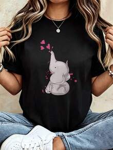 Large Size Pure Women'S T-Shirt With Elephant Heart Pattern Printed Round Neck Short Sleeve Top Suitable For Spring And Summer Retro Personalized Shir - White - View 7
