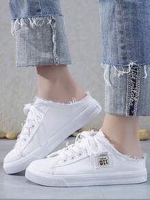 Women's Breathable Easy On/Off Slippers Flat Fashion Versatile Lace-Up Fur Trim Casual Shoes - White - View 4