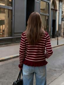 Joy Knit 女款秋冬針織開襟衫 時尚新款 基礎上衣 優雅條紋休閒簡約風 多鈕扣袖口下擺荷葉邊圓領 適合辦公穿搭 外出上衣 派對 新年 生日 海灘 節慶 - 酒紅色 - 查看 4