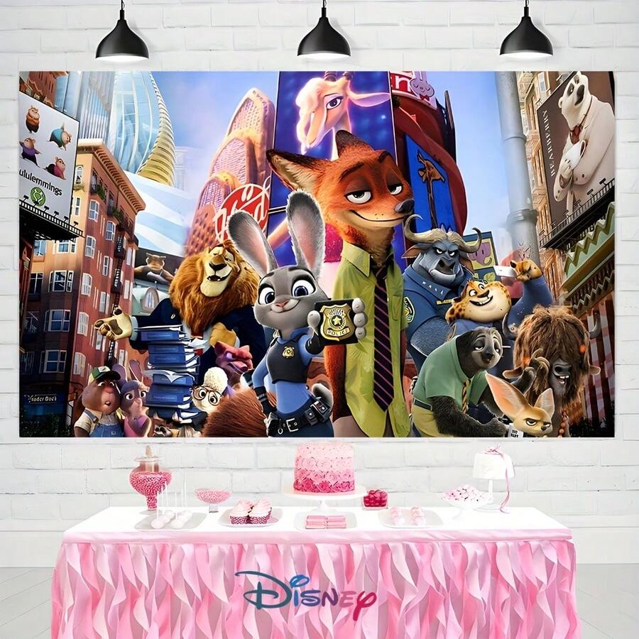 Hasbro 生日背景布 聚酯纖維卡通照片背景橫幅 Judy Hopps 與 Nick Wilde 印花 長方形攝影背景布 適用於生日、萬聖節、感恩節、聖誕節、粉絲居家後院派對烘焙用品 - 彩色 - 查看 1