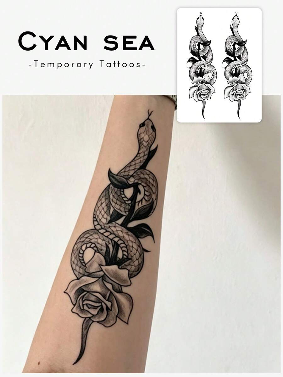 1pc Black And White Snake And Rose Pattern Temporary Tattoo Sticker, Realistic Fake Tattoo Design, Suitable For Daily Use, Bachelorette Party Favors, Music Festivals, Cosplay, Graduation Gifts, Lasts 3-5 Days - Black - View 1