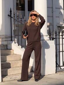 Setelan Rajut Fashion Wanita, Sweater Lengan Panjang Leher Bulat dan Celana, Pakaian Kasual 2 Potong - Coffee Brown - View 3