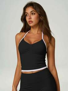 UONNOU 1pc Women's All-Season Spaghetti Strap Camisole, Shaping, Adjustable Straps, Removable Padding, Sporty Style, Black, Summer - Black - View 8