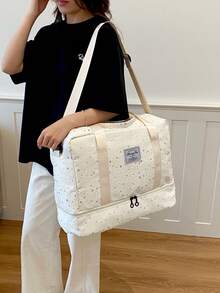 New Star Print Portable Travel Bag For Women, Double Layer Expandable Structure, Independent Bottom Compartment For Increased Storage Space, Reinforced Handle With Adjustable Long Shoulder Strap, Luggage Strap Compatible, Suitable For Fitness, Short Trips, Student Dorm Use, Practical Hand Luggage Bag - White - View 8