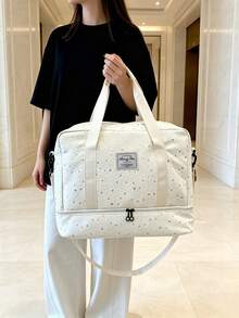 New Star Print Portable Travel Bag For Women, Double Layer Expandable Structure, Independent Bottom Compartment For Increased Storage Space, Reinforced Handle With Adjustable Long Shoulder Strap, Luggage Strap Compatible, Suitable For Fitness, Short Trips, Student Dorm Use, Practical Hand Luggage Bag - White - View 5