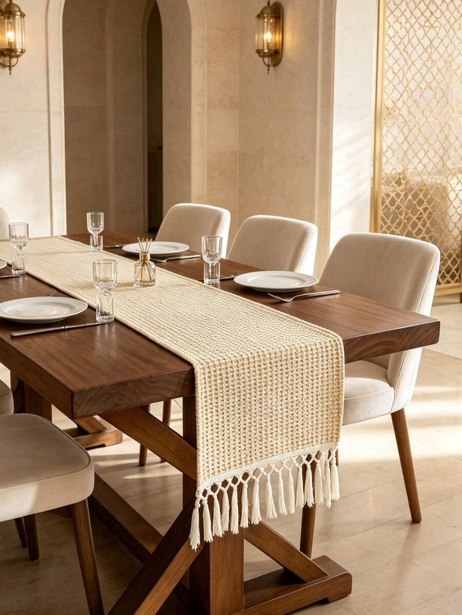 1件黃色華夫格紋布製長桌桌巾,鄉村風布料長桌裝飾,附流蘇穗飾細節,適用於餐桌、廚房早午餐、家庭聚會與休閒戶外派對,適合鄉村居家室內風格 - 黃色 - 查看 1