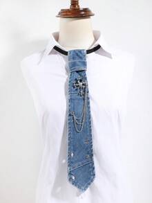 1PC Unisex Fashion Halloween Faux Rhinestone Cross Skull Chain Decor Perforated No-Hand-Punch Denim Tie, Comfortable Versatile For Halloween, Daily, Shopping, Party, Date - Multicolor - View 5