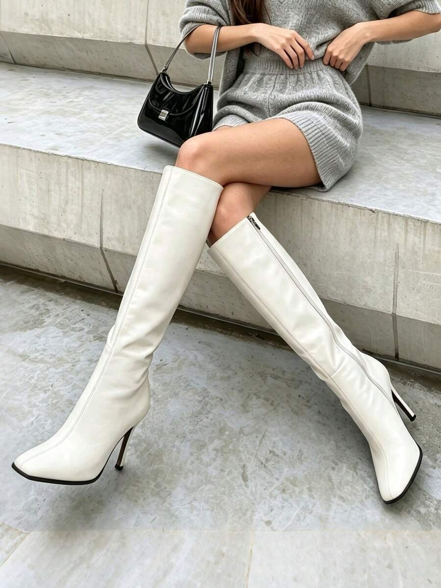 Women's Solid Knee High Boots Fashion Zipper Square Toe Stiletto Thin High Heels Fall Boots Woman Party Dress Shoes - 白色 - 查看 1