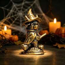 Brass Vintage Distressed Small Figurine Magic Highland Cow Riding A Broom Statue Ornament Halloween Decor Home Decoration Copper Sculpture Collector Gift - 1PC - View 7