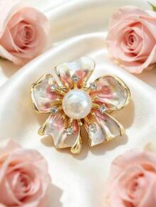 1Pc Sparkly Rhinestone Petal Flower Shape Pearl Inlaid Lapel Pin, Retro Chic Versatile Brooch, Jewelry For Ladies Daily & Gathering Wear - Floral Style B Pink - View 2
