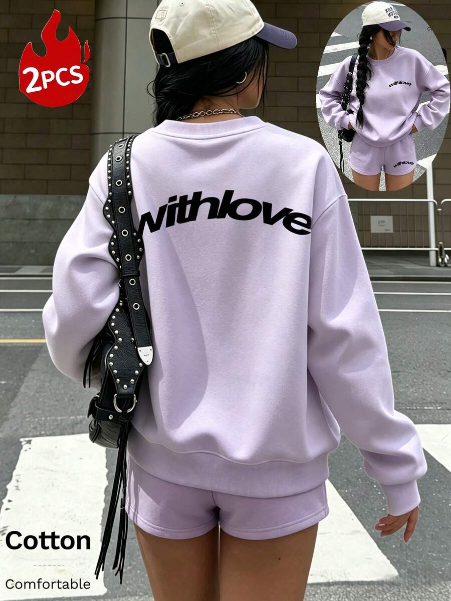 女士連帽衫和短褲套裝,個人化標語圖案印花,柔軟舒適 - 淺紫色 - 查看 1