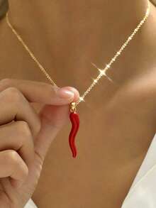 1pc Adjustable Red Italian Horn Pendant Necklace, Suitable For Women's Daily Wear - Multicolor - View 4