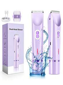 女用 2 合 1 雙頭電動修剪器與刮鬍刀，乾濕兩用，全身除毛，適用於比基尼線、腋下、腿部、手臂和臉部，長效電池續航，可去除臉部毛髮，可調節修剪器，650mAh 電池 - 紫色 - 查看 2