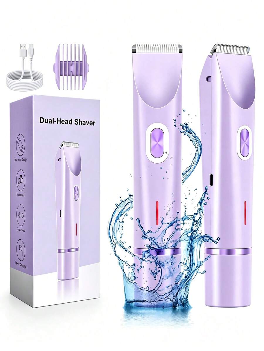 女用 2 合 1 雙頭電動修剪器與刮鬍刀，乾濕兩用，全身除毛，適用於比基尼線、腋下、腿部、手臂和臉部，長效電池續航，可去除臉部毛髮，可調節修剪器，650mAh 電池
