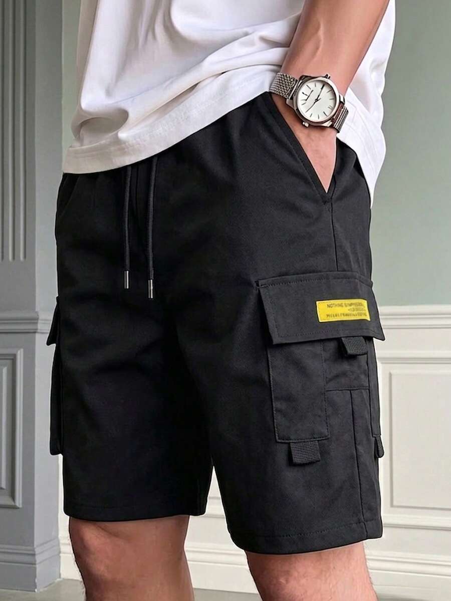 男士多口袋工裝短褲,夏季輕量休閒短褲,多功能戶外運動訓練跑步短褲,日常街頭風工裝褲,多口袋設計,舒適彈性腰帶,時尚百搭 - 黑色 - 查看 1