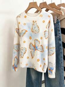 Women's Heart Print Long Sleeve Pullover, Regular Fit Ribbed Knit Polyester Sweater, Medium Stretch, Autumn/Winter Daily Wear White - White - View 5