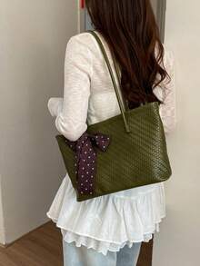Women's Tote Shoulder Bag, Solid Color Polka Dot Bow Ribbon Decor, Large Capacity, Minimalist Elegant Style, Daily Commute Shopping Handbag - Green - View 5