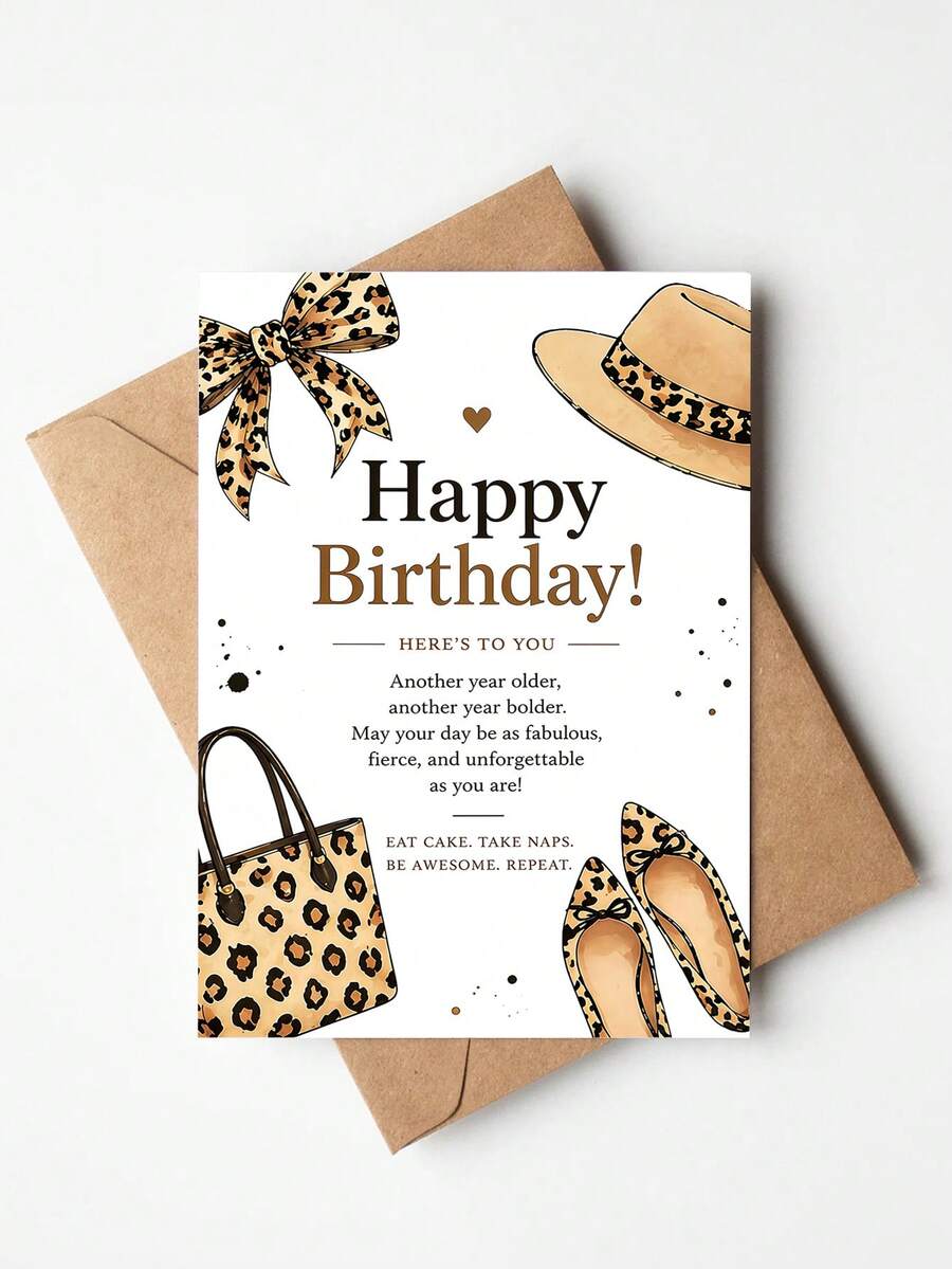 1pc Leopard Print Birthday Card, Stylish Fashion Girl Greeting Card, Cute Birthday Gift Card For Women & Friends - Multicolor - View 1