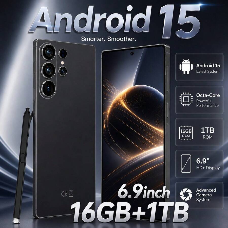 Android 15 Smartphone entsperrt, 6,9" HD Display, 16GB RAM 1TB Speicher, 108MP Kamera, 8000mAh Akku, Dual SIM Mobiltelefon