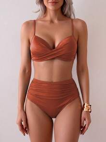 Summer Solid Color Elegant Bohemian Sweet Style Two Pieces Bikini Swimsuit Beach Vacation Set - Caramel Orange - View 5