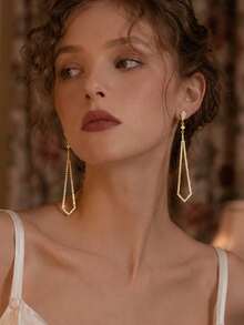 FAAABULS 1pc Rhombus Rhinestone Long Chain Tassel Drop Earrings, Hollow Rhombus Frame Pendant Earrings, Women's Daily Commute Party Evening Jewelry - Rhinestones - View 3