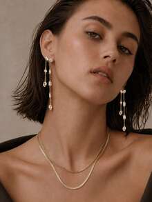 FAAABULS 1pc Asymmetrical Teardrop & Rectangular Rhinestone Long Chain Tassel Earrings, Shiny Multi-Faceted Dangle Earrings For Women, Daily Commute, Bridal Wedding Jewelry - Rhinestones - View 3