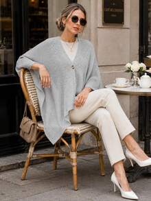 Perirose Women's Gray Basic Knit Poncho Sweater Button Front V Neck Batwing Cape Cardigan Loose Fit Fall Clothes Casual Work Tops For Women Homecoming Party - Grey - View 6