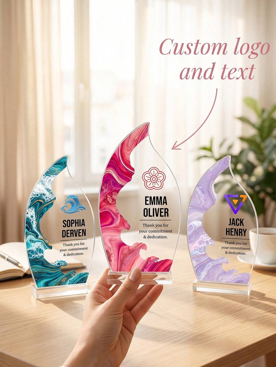 1pc Customized Logo And Text Trophy, Leaf-Shaped Plaque, Personalized Employee Recognition Award, Business Ceremony Gift - Multicolor - View 1