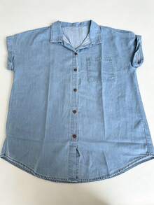 Women's Blue V-Neck Casual Short-Sleeve Washed Denim Shirt, Large Size Loose Cardigan Lightweight Denim-Look Shirting Fabric - Blue - View 6