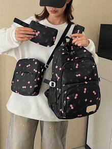Dedoo 3件組背包套裝，草莓蝴蝶結櫻桃滿版印花，編織吊飾，大容量多口袋可折疊包，適合大學生日常、上學、旅行 - 黑色 - 查看 4