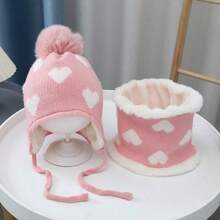 Children's Hat And Scarf 2pcs Set, Autumn/Winter Heart-Shaped Earflap Hat, Baby Girl Thermal Lined Warm Knitted Set - Heart Ear Protection Hat - View 10