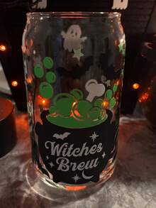 Halloween Witch Magic Cauldron Glass Straw Cup, Bamboo Lid High Transparency Can Cup, Bat Star Moon Ghost Print Iced Coffee Cold Drink Cup - Multicolor - View 6