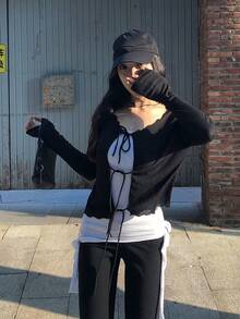 V-Neck Tie-Up Knit Cardigan For Women, Lightweight Loose Casual Short Jacket For Summer Black - Black - View 8