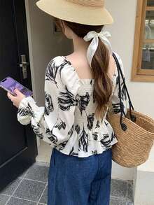 Women's Ink Painting Pleated Casual Versatile Daily Wear Shirt - Apricot - View 7