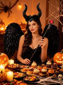 3pcs/Set Halloween Devil Costume, Includes Devil Horn Headband, Black Wings And Red Ball Scepter, Suitable For Halloween Events, Theme Parties And Cosplay - Multicolor - View 9