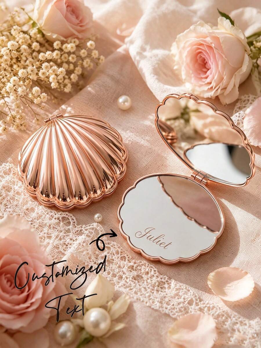Cermin Saku Bentuk Kerang yang Dipersonalisasi, Cermin Saku dengan Nama Kustom, Hadiah Pengiring Pengantin yang Diukir, Suvenir Pernikahan, Cermin Rias Bertema Pantai - MultiWarna - View 1