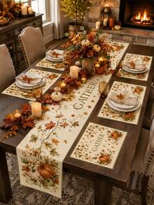 Plant Pumpkin Vine Patterned Table Flag Set, Minimalist Linen Rectangular Placemat Set For Home Use, Kitchen Table Protection Mat, Autumn Festival Party Table Accessories, Autumn Home Decoration Supplies. - Multicolor - View 10