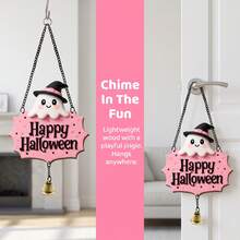 Cute Pink Halloween Wooden Door Hanger, Witch Hat Ghost Welcome Sign, Star Decor With Chain And Bell, Front Door Holiday Decoration - Multicolor - View 5