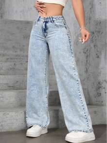 Calça Wide Leg Pantalona Marmorizada  Jeans Feminina Cintura Alta  Sem Laycra Levanta Bumbum PLUS Size Tam 36 ao 54 - Lavagem clara - Visão 5