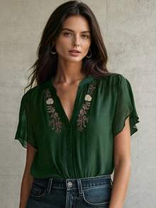 2026 New Deep Green Embroidered V-Neck Shirt, Elegant Embroidered Blouse, Boho Chic Embroidered Top, Versatile Basic Shirt Suitable For All Seasons, Plus Size Friendly Summer - Dark Green - View 3
