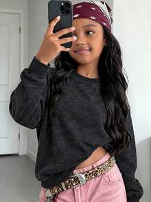 Vintage Acid Wash Girls' Sweatshirt, Solid Color Loose Street Style Crew Neck Autumn/Winter Campus Top - Black - View 7