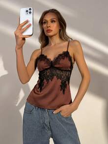 Whisplicity Casual Chic Brown Camisole Top With Black Lace Decor On Chest & Straps, Perfect For Date Night, Party, Evening Event, Going Out Vacation - Brown - View 1