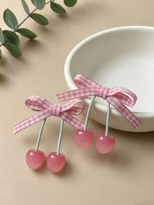 2pcs Pink Plaid Bow Cherry Hair Clips, Sweet Cute Side Bangs Hair Clips, Women's Daily Hair Accessories - Multicolor - View 8